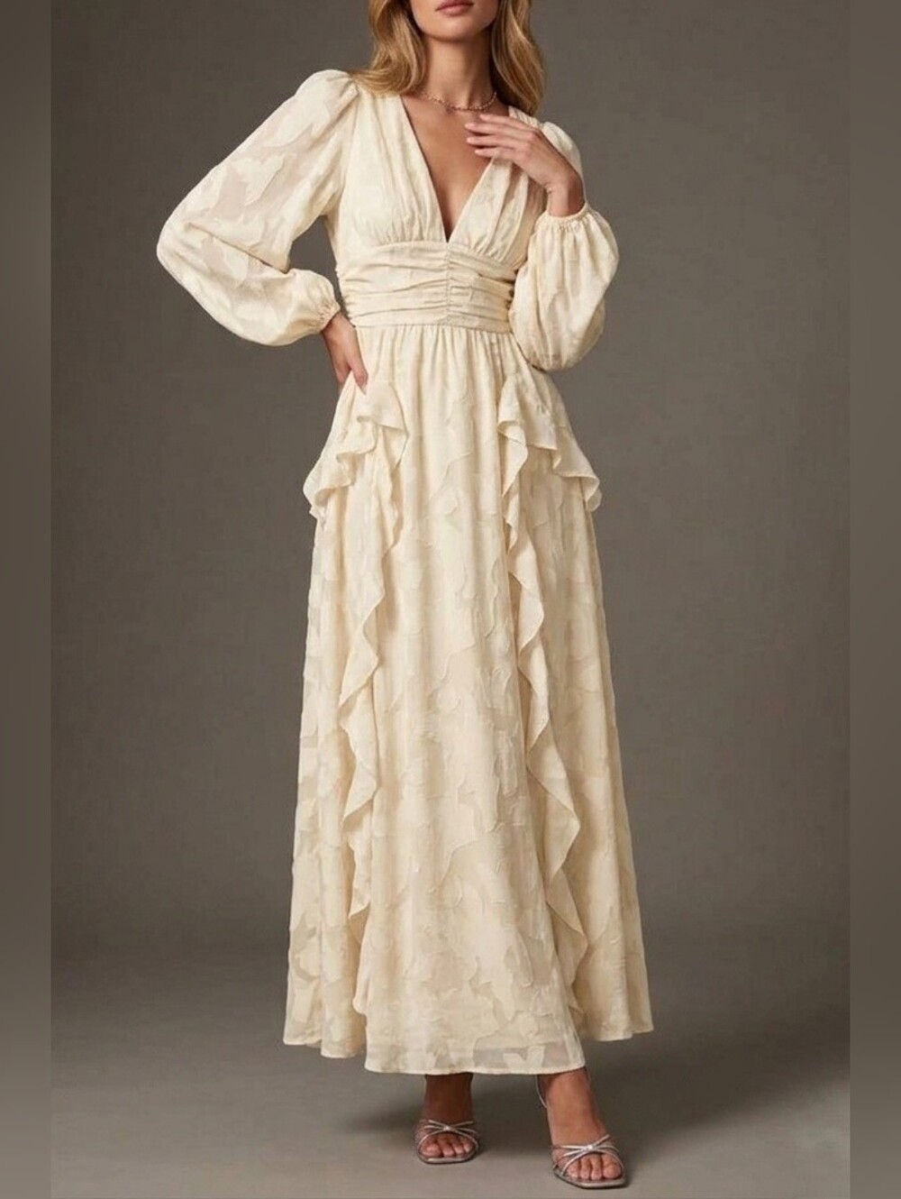 New Flowy Jacquard Ruffle Lantern Sleeve Ruched Waist Maxi Dress Ivory Cream
